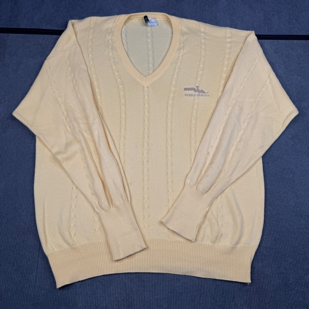 Clark Gregory Pebble Beach Golf Sweater Mens Large Yellow Cable Knit V-Neck
